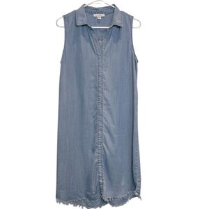 Pure Navy Chambray Sleeveless Shift Tunic Summer Dress with Frayed Hem Size L